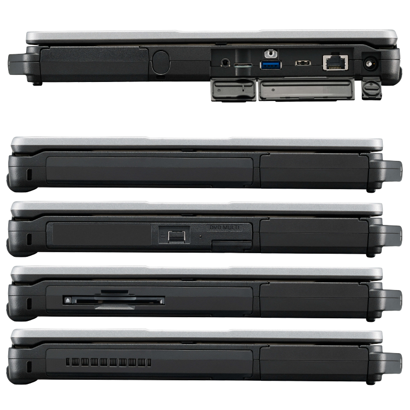 CLEVO Toughbook FZ55-MK1 HD PC portable durci IP53 Toughbook 55 (FZ55) 14.0" - Vues de droite et de gauche (baie média modulaire)